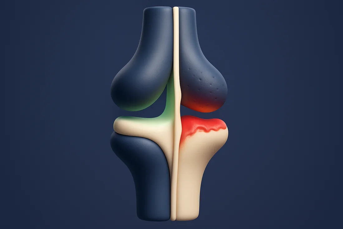 Articolazione del ginocchio: cartilagine sana e cartilagine consumata