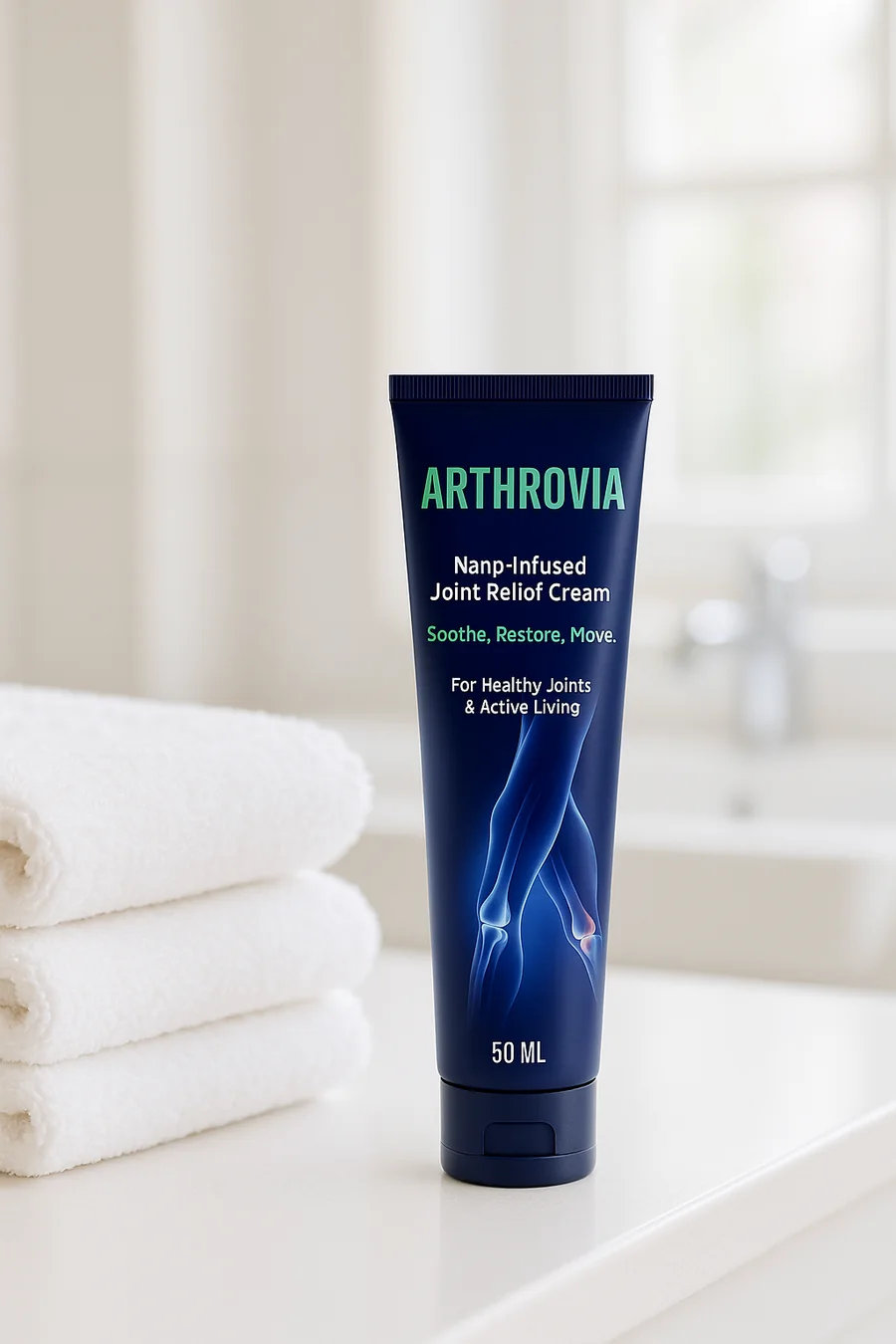 Tubetto di crema Arthrovia 50 ml nel bagno di casa